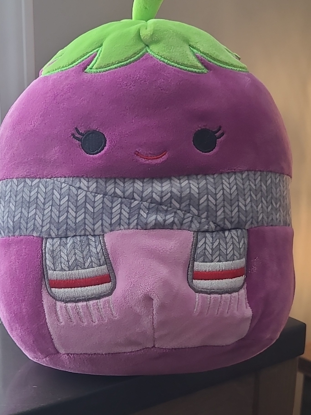 Squishmallows Glenna Eggplant Plush Doll Purple Green Gray Scarf Washable Winter